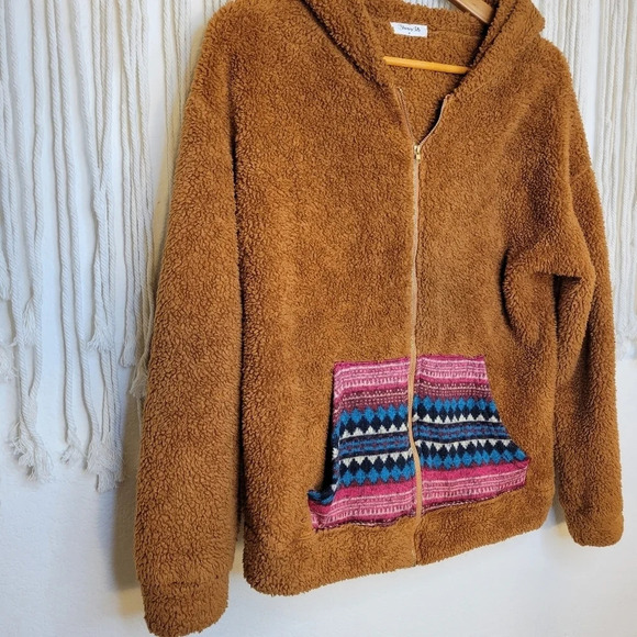 BLOOMING JOLLY Brown Sherpa Full Zip Hoodie w/ Colorful Tribal Pockets - Picture 7 of 7